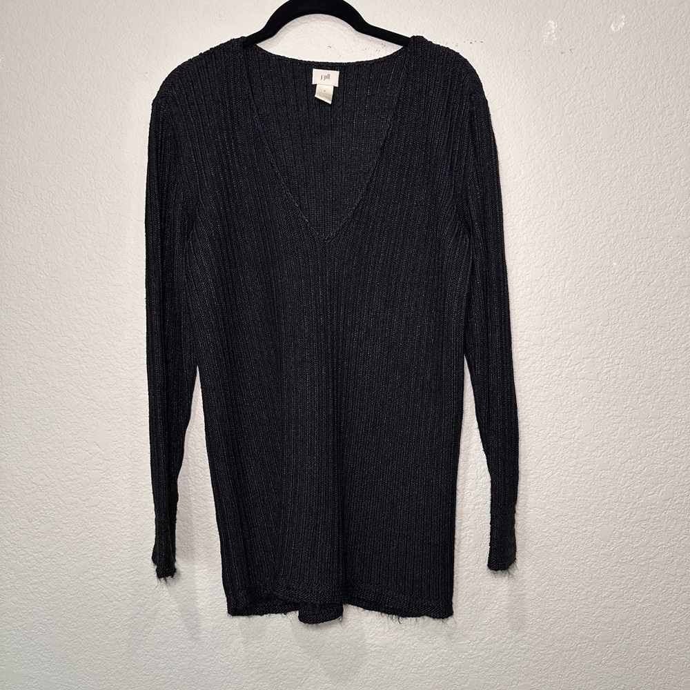 J. Jill Womens Black Silk Rayon Ribbed Knit V-Neck Sweater Size S Long Sleeve